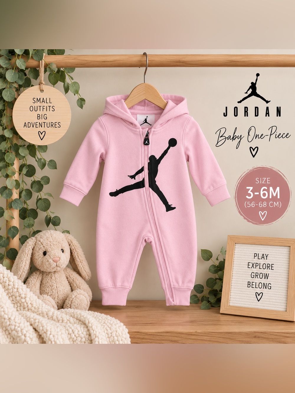 Jordan Baby 3-6M Pink Hooded Zip One-Piece Romper Black Jumpman
